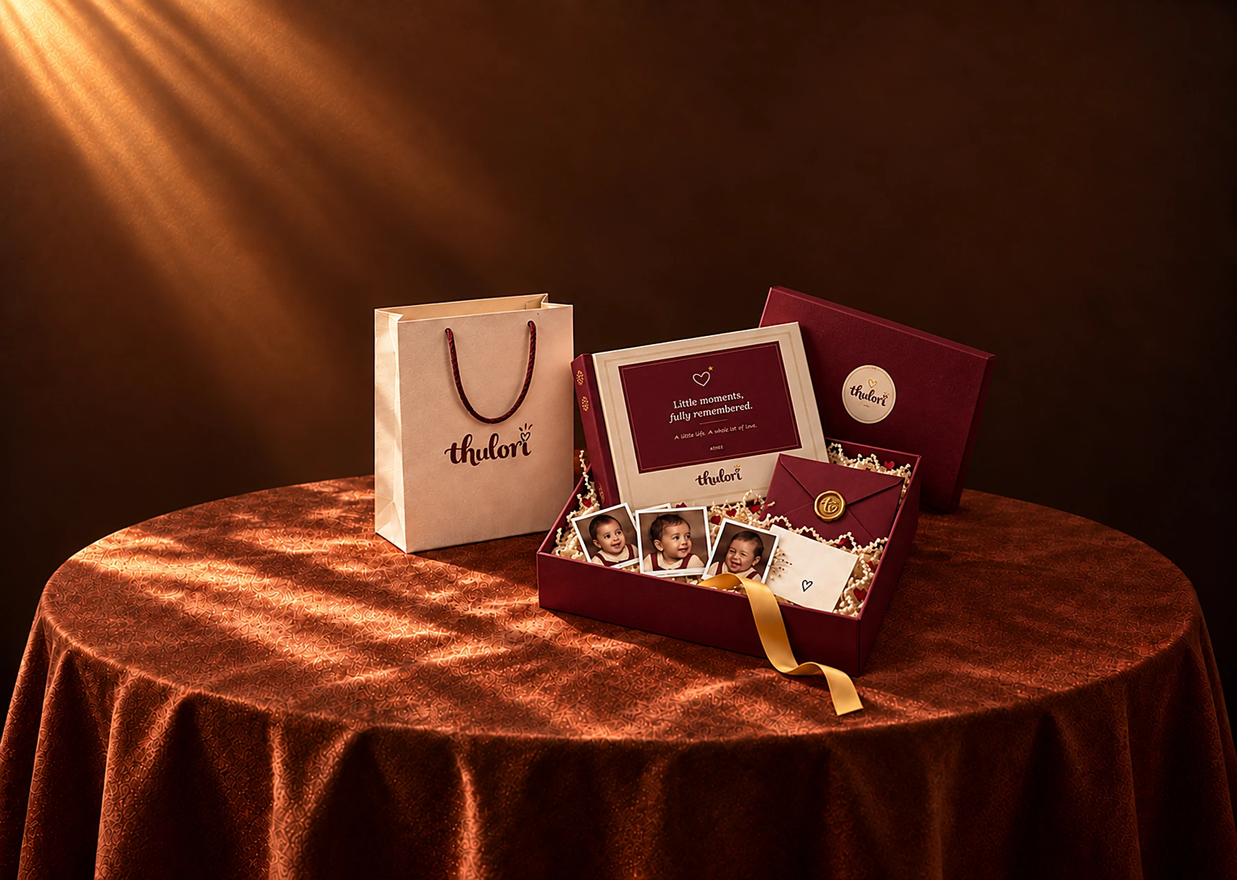 The Thulori gift bag, keepsake box, storybook, letter and baby headshots on a satin-covered table