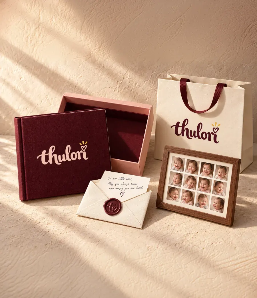 The keepsake box with the storybook, a sealed letter and a frame of baby headshots