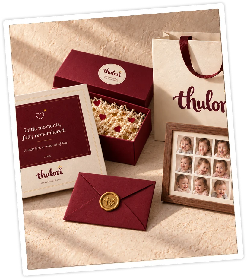 The Thulori keepsake box with its maroon storybook, wax-sealed letter and headshot frame