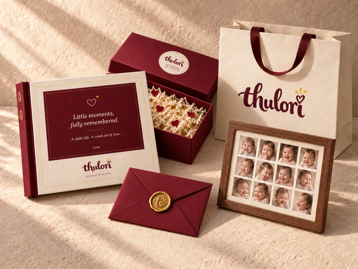 The Thulori storybook, keepsake box, sealed letter, gift bag and a frame of baby headshots
